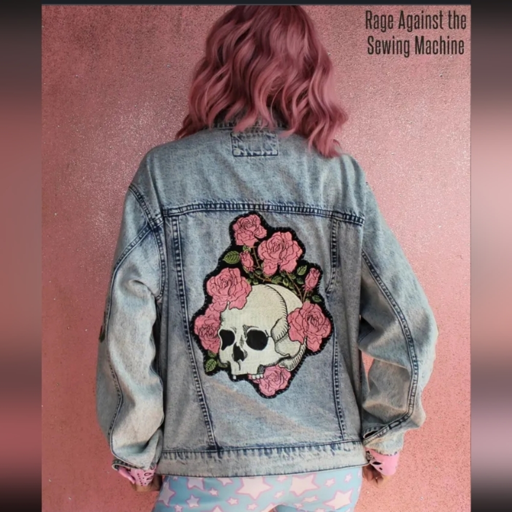 Custom pastel rose & skull creepy cute kawaii OOAK patch jacket! RAGE jackets - Picture 8 of 10